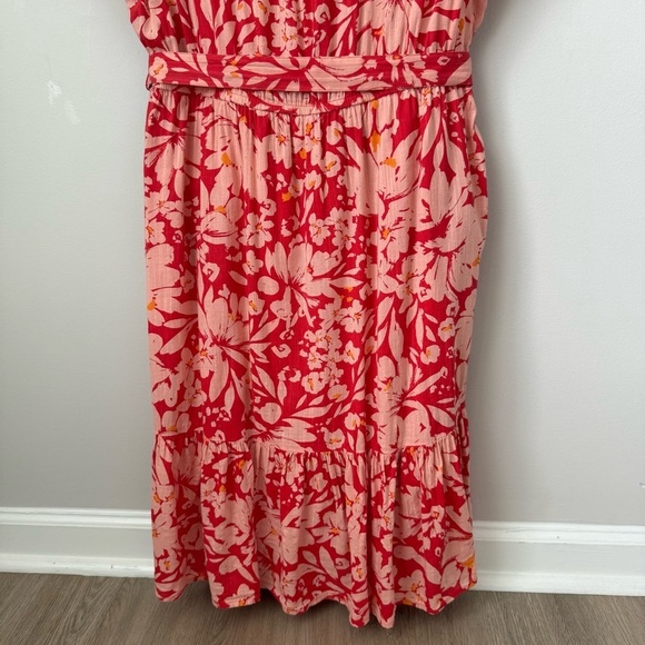 GAP Tiered V-Neck Floral Belted Dress Prairie Cottage Summer Orange Poppy Red M - Picture 9 of 11